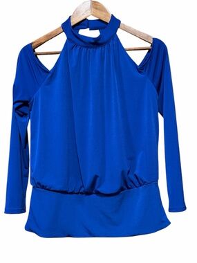 Boston Proper Blue Cold-Shoulder Mock Neck Top Long Sleeve Size Small